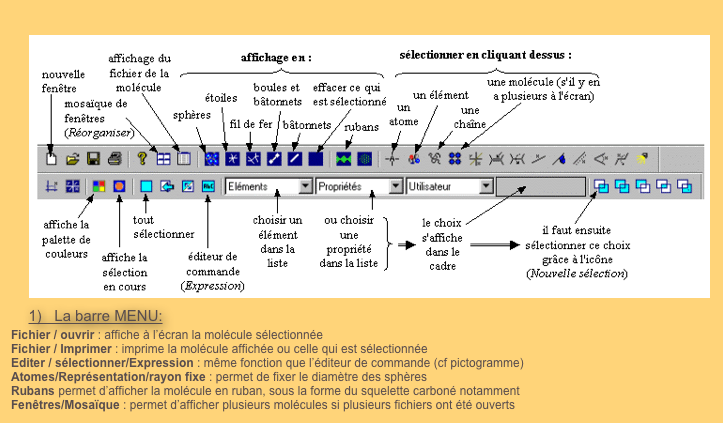 1)   La barre MENU:￼
Fichier / ouvrir : affiche à l’écran la molécule sélectionnée
Fichier / Imprimer : imprime la molécule affichée ou celle qui est sélectionnée
Editer / sélectionner/Expression : même fonction que l’éditeur de commande (cf pictogramme)
Atomes/Représentation/rayon fixe : permet de fixer le diamètre des sphères
Rubans permet d’afficher la molécule en ruban, sous la forme du squelette carboné notamment
Fenêtres/Mosaïque : permet d’afficher plusieurs molécules si plusieurs fichiers ont été ouverts