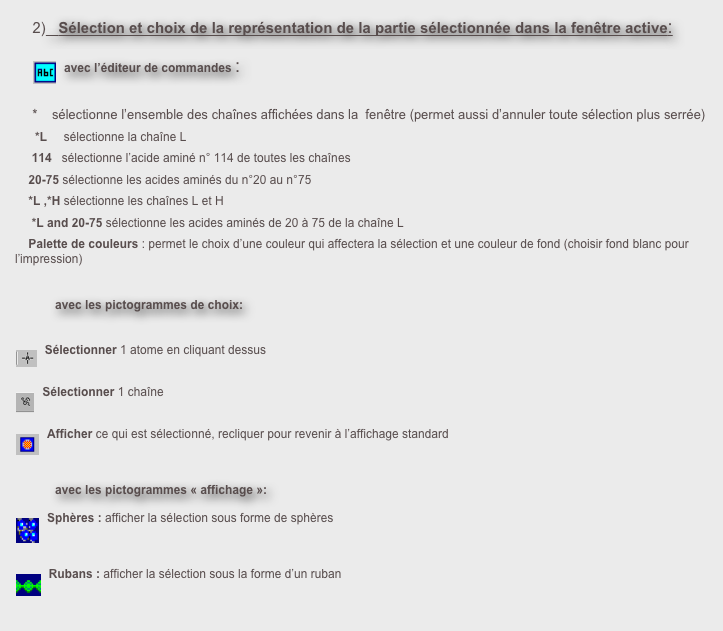 2)   Sélection et choix de la représentation de la partie sélectionnée dans la fenêtre active:

avec l’éditeur de commandes ￼:

*    sélectionne l’ensemble des chaînes affichées dans la  fenêtre (permet aussi d’annuler toute sélection plus serrée)
      *L     sélectionne la chaîne L
     114   sélectionne l’acide aminé n° 114 de toutes les chaînes
    20-75 sélectionne les acides aminés du n°20 au n°75
    *L ,*H sélectionne les chaînes L et H
     *L and 20-75 sélectionne les acides aminés de 20 à 75 de la chaîne L
    Palette de couleurs : permet le choix d’une couleur qui affectera la sélection et une couleur de fond (choisir fond blanc pour l’impression)

            avec les pictogrammes de choix:


￼Sélectionner 1 atome en cliquant dessus


￼Sélectionner 1 chaîne


￼Afficher ce qui est sélectionné, recliquer pour revenir à l’affichage standard



            avec les pictogrammes « affichage »:

￼Sphères : afficher la sélection sous forme de sphères 



￼Rubans : afficher la sélection sous la forme d’un ruban

