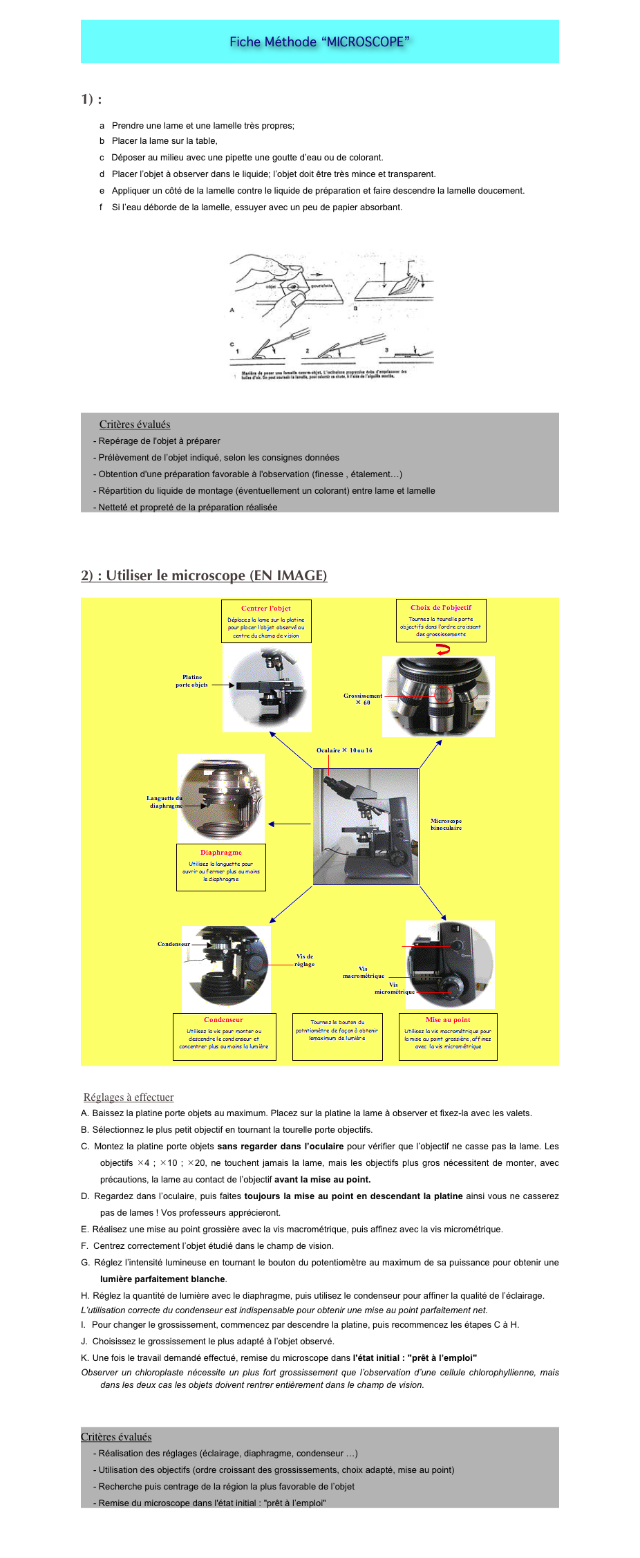  

Fiche Méthode “MICROSCOPE”

 
  
1) :   Réaliser une préparation microscopique
 
a   Prendre une lame et une lamelle très propres;
b   Placer la lame sur la table,
c   Déposer au milieu avec une pipette une goutte d’eau ou de colorant.
d   Placer l’objet à observer dans le liquide; l’objet doit être très mince et transparent.
e   Appliquer un côté de la lamelle contre le liquide de préparation et faire descendre la lamelle doucement.
f    Si l’eau déborde de la lamelle, essuyer avec un peu de papier absorbant.
 
 
￼


Critères évalués
- Repérage de l'objet à préparer
- Prélèvement de l’objet indiqué, selon les consignes données
- Obtention d'une préparation favorable à l'observation (finesse , étalement…)
- Répartition du liquide de montage (éventuellement un colorant) entre lame et lamelle
Netteté et propreté de la préparation réalisée
 
 

2) : Utiliser le microscope (EN IMAGE)
 
￼ 
 
  
 Réglages à effectuer
A.  Baissez la platine porte objets au maximum. Placez sur la platine la lame à observer et fixez-la avec les valets.
B.  Sélectionnez le plus petit objectif en tournant la tourelle porte objectifs.
C.  Montez la platine porte objets sans regarder dans l’oculaire pour vérifier que l’objectif ne casse pas la lame. Les objectifs Í4 ; Í10 ; Í20, ne touchent jamais la lame, mais les objectifs plus gros nécessitent de monter, avec précautions, la lame au contact de l’objectif avant la mise au point.
D.  Regardez dans l’oculaire, puis faites toujours la mise au point en descendant la platine ainsi vous ne casserez pas de lames ! Vos professeurs apprécieront.
E.  Réalisez une mise au point grossière avec la vis macrométrique, puis affinez avec la vis micrométrique.
F.   Centrez correctement l’objet étudié dans le champ de vision.
G.  Réglez l’intensité lumineuse en tournant le bouton du potentiomètre au maximum de sa puissance pour obtenir une lumière parfaitement blanche.
H.  Réglez la quantité de lumière avec le diaphragme, puis utilisez le condenseur pour affiner la qualité de l’éclairage.
L’utilisation correcte du condenseur est indispensable pour obtenir une mise au point parfaitement net.
I.    Pour changer le grossissement, commencez par descendre la platine, puis recommencez les étapes C à H.
J.   Choisissez le grossissement le plus adapté à l’objet observé.
K.  Une fois le travail demandé effectué, remise du microscope dans l'état initial : "prêt à l’emploi"
Observer un chloroplaste nécessite un plus fort grossissement que l’observation d’une cellule chlorophyllienne, mais dans les deux cas les objets doivent rentrer entièrement dans le champ de vision.
 
 
 
Critères évalués
- Réalisation des réglages (éclairage, diaphragme, condenseur …)
- Utilisation des objectifs (ordre croissant des grossissements, choix adapté, mise au point)
- Recherche puis centrage de la région la plus favorable de l’objet
- Remise du microscope dans l'état initial : "prêt à l’emploi"
 
 
 
