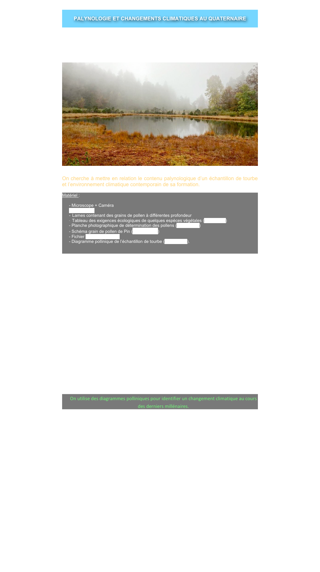 
PALYNOLOGIE ET CHANGEMENTS CLIMATIQUES AU QUATERNAIRE

 
La tourbe résulte de l’accumulation de mousses au cours du temps. Au cours de leur vie, ces mousses piègent les pollens des espèces végétales environnantes. L’analyse du contenu palynologique de la tourbe permet donc de connaître les espèces végétales présentes aux époques successives et de retracer l’évolution de la flore au cours du temps.


￼


On cherche à mettre en relation le contenu palynologique d’un échantillon de tourbe et l’environnement climatique contemporain de sa formation.

Matériel :

- Microscope + Caméra
FT Mesurim
-  Lames contenant des grains de pollen à différentes profondeur
 Tableau des exigences écologiques de quelques espèces végétales (document1)
Planche photographique de détermination des pollens (document 2)
Schéma grain de pollen de Pin (document 3)
Fichier stations pollen.xls
Diagramme pollinique de l’échantillon de tourbe (document 4).


 



1- En utilisant le document 1, justifiez la démarche qui consiste à utiliser les grains de pollen contenus dans les tourbes pour reconstituer un environnement climatique.
  
2a- Identifiez sur la Photo test fournie, à l’aide du document 2, les 2 ou 3 espèces de pollen visibles dans ce prélèvement et déduisez un type de climat.

2b- Recherchez au microscope, un grain de pollen de Pin, à l’aide du document 2 . 
Appelez l’examinateur pour vérification

3- Réalisez une capture photographique et coller- la dans le document réponse.
Appelez l’examinateur pour vérification
Photo de secours.jpg

4- Légendez-la en utilisant le document 3.


On utilise des diagrammes polliniques pour identifier un changement climatique au cours des derniers millénaires.

5- Ouvrez avec le logiciel "libreofficecalc" une copie du fichier "stations pollen.xls"

6- Réalisez le diagramme pollinique (abondance relative du pollen des espèces en fonction de la profondeur du prélèvement) pour la station Ampoix en France. 
Attention, le graphique devra être de la forme des graphiques affichés dans les autres stations. N'oubliez pas d'enregistrer votre travail.

7- Pour chaque station, réaliser un autre diagramme pollinique en ne conservant que deux espèces permettant de caractériser le changement de climat. 
Sur ces diagrammes polliniques, encadrer approximativement la période où s'est produit le changement climatique.

8- Identifiez et datez approximativement le changement climatique.

9-L'exploitation du document 4 confirme-t’elle vos conclusions précédentes ?

 
 
 
 

 
 
 
 
