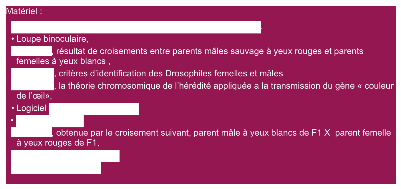 Matériel : 
Fiche ressource: les croisements réalisés par Thomas Morgan.
Loupe binoculaire, 
Lame F1, résultat de croisements entre parents mâles sauvage à yeux rouges et parents femelles à yeux blancs ,
Fiche n°1, critères d’identification des Drosophiles femelles et mâles 
Fiche n°2, la théorie chromosomique de l’hérédité appliquée a la transmission du gène « couleur de l’œil», 
Logiciel MESURIM EN LIGNE
 FT-mesurim2.pdf
Lame F2, obtenue par le croisement suivant, parent mâle à yeux blancs de F1 X  parent femelle à yeux rouges de F1,
Tableau comptage F2.ods
Schema explicatif.pdf
